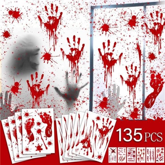 135 PCS Halloween Decorations, 9 Blood Window Clings, 6 Tattoo Stickers, - Picture 1 of 7